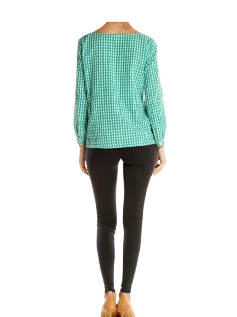 J.Crew Seersucker Gingham Peasant Top In Green And White Size Small - Picture 2 of 6